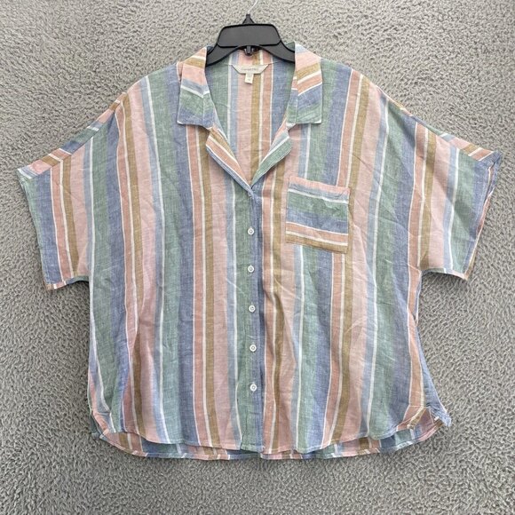 Garnet Hill Top Womens 18  Pink Green Stripes Collared 100% Linen Button Up - Picture 5 of 11